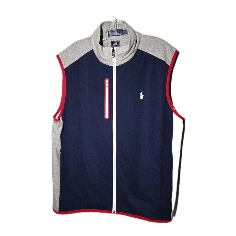 Polo‎ Ralph Lauren Sz Large Blue Gray Vest Team USA French Terry Cotton Full Zip